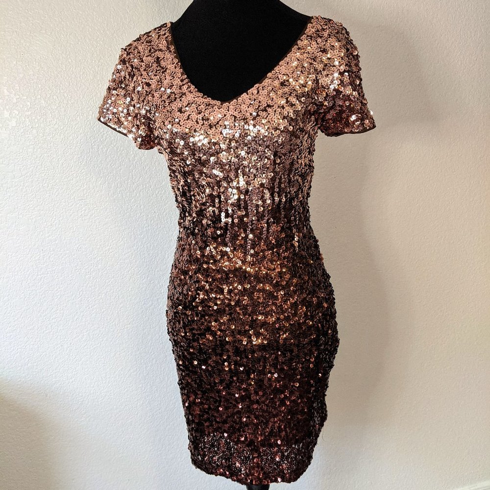 Gold and Brown Ombre Short Sleeve Sequin Dress- Size M